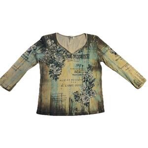 Y2K Jamee J. Blue Tan Floral Grunge Long Sleeve Shirt Small Casa Rey Mors 1915